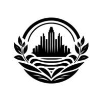 Monochromatic Cityscape Emblem Silhouette of Skyscrapers Over Water, Embraced by Laurel Branches in Circular Frame, Minimalist Design. vector