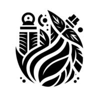 Abstract Black and White Design Symbolic Composition featuring stylized leaf, stem, anchorlike element, with circles, dots, and curved shapes. vector