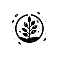 A minimalist black and white illustration of a tree within a protective circle, with leaves and dots, symbolizing growth and natures embrace. vector