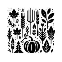 A stylized monochrome illustration of harvest elements, including a pumpkin, wheat, leaves, and a pitchfork, arranged in a square composition. vector