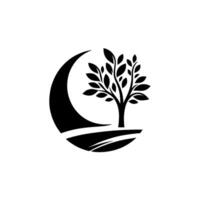 A stylized black and white featuring a tree thriving inside a crescent shape above curved ground, evoking themes of nature and growth. vector