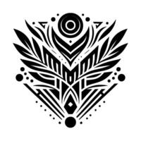 Symmetrical Black and White Geometric Featuring Leaflike Elements and Ornamental Circles and Lines, Showcasing an Abstract and Decorative Composition. vector