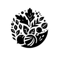 Stylized Black and White Circular Composition of Leaves, Berries, and Fruit, Symbolic of Natures Bounty. vector