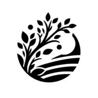 A stylized black and white circular featuring a tree with leaves, a crescent shape, and horizontal lines, set against a pure white background, creating a modern and minimalist aesthetic. vector