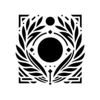 A symmetrical, black and white geometric featuring a central circle, laurellike foliage, and decorative elements within a rectangular frame. vector