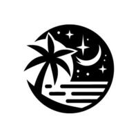 A minimalist night scene within a circle, showcasing a palm tree silhouette, the crescent moon, sparkling stars, and ocean waves. vector