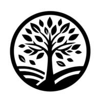 A minimalist, black and white circular featuring a stylized tree with leaves, set against a backdrop of rolling hills. vector