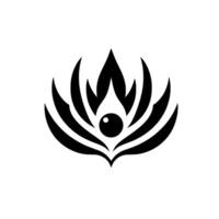 A symmetrical black and white emblem, resembling a stylized lotus flower with flamelike shapes and a central eyelike orb, set against a stark white backdrop. vector