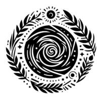 Intricate Black and White Circular Mandala with Central Swirl, Foliage, Celestial Elements, and Geometric Detailing. vector