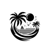 Silhouette of Tropical Paradise Palm Trees, Ocean, Sailboat, Birds, and Sun Creating a Circular, Serene Island Scene. vector