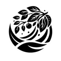 Stylized Monochrome Apple Branch with Leaves and Fruit Enclosed within a Circular Decorative Arrangement on a White Background vector