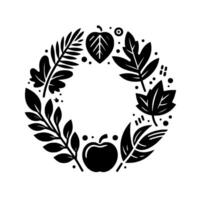 A monochrome, stylized circular wreath composed of leaves, an apple, and organic shapes, symbolizing nature and autumn in a minimalist design. vector