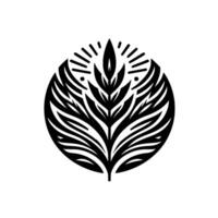 Symmetrical Black and White Stylized Botanical Emblem A Central Leafy Surrounded by Radiant Lines within an Oval. vector