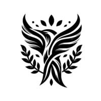 A stylized black and white illustration of a bird in flight, featuring intricate wing patterns, leaves and olive branches, exuding elegance on a white background. vector