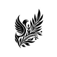 Elegant Black and White Crest A stylized bird with open wings intertwined with botanical elements, set against a pristine white backdrop, evoking a sense of harmony and grace. vector