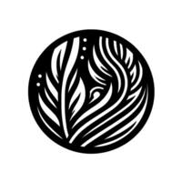 Abstract black and white circular illustration featuring a stylized animal eye and leafy patterns, minimalist modern design. vector