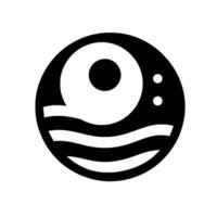 Abstract monochrome featuring a stylized eye composed of a black circle, white oval and wavy lines, with a two dot cluster. vector