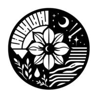 A symmetrical, monochromatic circular design, depicting a celestial floral arrangement symbolizing natures elements sun, moon, water, and flora. vector