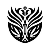 A symmetrical heraldic features a stylized sword surrounded by floral and winglike elements, creating a bold blackandwhite emblem. vector