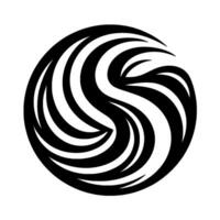 A stylized, symmetrical featuring swirling black and white lines forming a dynamic, abstract circular shape. vector
