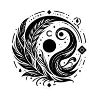 Intricate Black White Celestial Yin Yang Featuring Feathers, Orbs, Curlicues, and Geometric Accents on a White Background. vector
