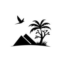 Silhouette of a bird in flight, pyramids, and palm tree against a bright white background, depicting simplicity and travel. vector