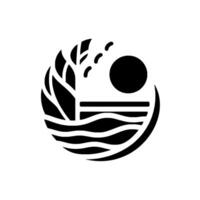 Abstract monochrome circular logo, depicting a stylized scene of a sun, water, and foliage within a minimalist, geometric design. vector