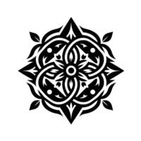 Symmetric Black White Floral Mandala with Intricate Leaf and Curving Elements, Centered and Isolated on White. vector