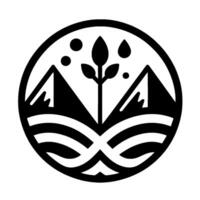 A minimalistic black and white inside a circle, featuring two mountains framing a central tree and flowing water or lines, symbolizing nature and harmony. vector