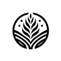 A stylized, black and white botanical featuring a symmetrical leaf structure enclosed within a circle, suggesting growth and harmony. vector