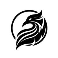 A stylized black and white illustration of a bird of prey, possibly a hawk or falcon, within a circular frame, showcasing a sleek, modern, and minimalist design. vector