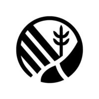 A minimalist black and white emblem featuring a stylized tree, segments and curved lines within a circle, creating a harmonious, abstract composition. vector