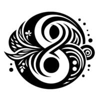 Intricate black and white circular showcasing a stylized infinity symbol with floral and swirling patterns, evoking a sense of harmony. vector