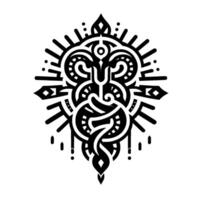 Intricate Black and White Tribal Featuring Symmetrical SerpentLike Forms, Radiating Elements, and Geometric Embellishments on a White Background. vector