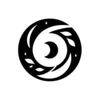A stylized black and white circular emblem featuring a crescent moon, swirling elements, and leaflike motifs with subtle raindrop accents. vector