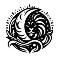 Celestial Lion Head Silhouette with Crescent Moon, Starry Night Circle, and Foliage in a Bold Black and White Design. vector