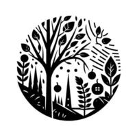 Black and white circular illustration of a stylized landscape featuring a tree, foliage, a house, and fruit, evoking a sense of simplicity. vector
