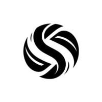 black and white abstract design, circular composition of layered curves creating an S shape, set against a clean white backdrop. vector