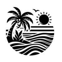 A stylized, monochromatic depicting a tropical beach scene inside a semicircular frame palm tree, sun, waves, and a flying bird. vector