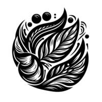Elegant monochrome of stylized leaves and orbs forming a circular, symmetrical composition, ideal for logos or decorative elements. vector