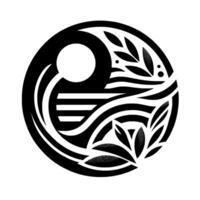 Symbolic black and white circular with sun, water, and leaves, representing harmony and balance within a minimalist style. vector
