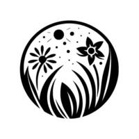 Minimalist Circular Garden Black and White Silhouette Depicting Flowers, Grass, and a Sun, Enclosed Within a Circle, Evoking a Sense of Serenity. vector