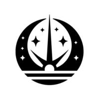 A stylized, black and white emblem featuring a crescent moon framing a starburst with stars, set above horizontal lines resembling a horizon. vector