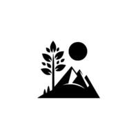 A monochrome nature depicting a stylized mountain range beneath a sun and a leafy tree, with minimalist fir trees. vector