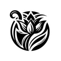 Black and white stylized lotus flower emblem, symmetrical composition, intricate petal details within circular frame, minimalist aesthetic. vector