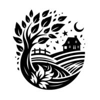 Serene Black and White Landscape Tree, House, Moon, and Fields Enclosed in a Circular Composition, Illustrating Countryside Life. vector