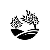 Minimalist black and white featuring two stylized trees on rolling hills within a circle. vector