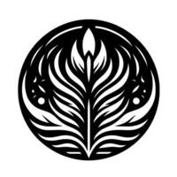 A symmetrical, stylized floral design, rendered in black and white, encased within a circular frame, offering an elegant and modern aesthetic. vector