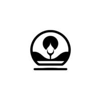 Minimalist emblem featuring a sunmoonlike orb with a descending teardrop over stylized landscape in a black and white geometric composition. vector