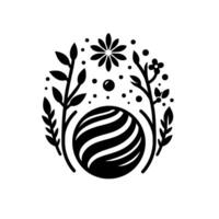 Minimalist monochrome botanical emblem design, featuring a striped planetlike orb encircled by foliage, flowers, dots and leaf elements, evoking a sense of harmony and natures balance. vector